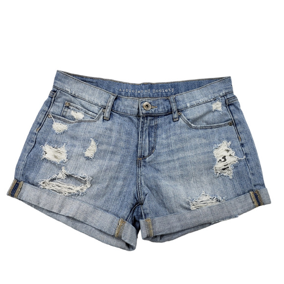 Articles of Society Jean Short 24 Women Light Blue Faded Distress Raw Rolled Hem - Picture 1 of 12